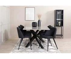 Venture Design Valgomojo stalas, Piazza, 190x90 cm, Juodas Pilkas Furnyras, Valgomasis kėdė, Velvetas, 76.5x50x57 cm, Juoda