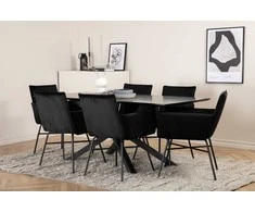 Venture Design Valgomojo stalas, Piazza, 76x180x90 cm, Juodas, Valgomasis kėdė, Petra, 60x87x57 cm, Juoda