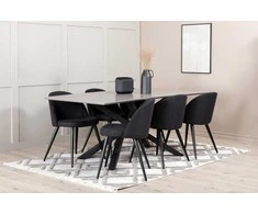 Venture Design Valgomojo stalas, Piazza, 190x90 cm, Juodas Pilkas Furnyras, Valgomasis kėdė, Velvetas, 76.5x50x57 cm, Juoda