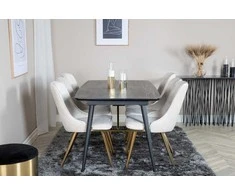 Venture Design Valgomojo stalas su kėdėmis, auksinis pratęsimas ir aksomo audinio prabanga, 180x85 cm ir 88.5x50 cm, bežinis ir juodas