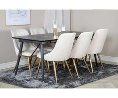 Venture Design Valgomojo stalas su kėdėmis, auksinis pratęsimas ir aksomo audinio prabanga, 180x85 cm ir 88.5x50 cm, bežinis ir juodas