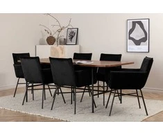 Venture Design Valgomojo stalas, Uno, 200x90 cm, Juoda/Riešutas, Valgomasis kėdė, Petra, 60x87 cm, Juoda/Juoda aksamitas