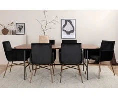 Venture Design Valgomojo stalas, Uno, 200x90 cm, Juodas/Riešutas, Valgomasis kėdė, Petra, 87x57 cm, Nusidėvėjęs varis/Juodas