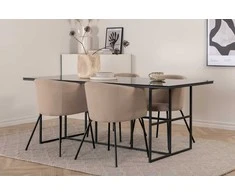 Venture Design Valgomojo stalo ir kėdžių komplektas 200x90x74 cm Juodas stiklas Audinys