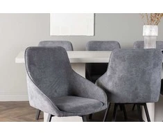 Venture Design Valgomojo stalo ir kėdžių komplektas Olga valgomojo stalas ir Rosie valgomojo kėdė 200x75 cm balta juoda tamsiai pilka audinys