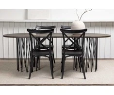 Venture Design Valgomojo stalo ir kėdžių komplektas, Ovalus valgomojo stalas Stone, Kėdė Crosett, 220x100 cm, juodas faneruotas plastikas