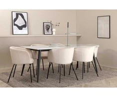 Venture Design Valgomojo stalo ir kėdžių komplektas Jimmy valgomojo stalas ir Berit kėdė 195x90x76 cm juoda balta smėlio spalvos veliūras metalas