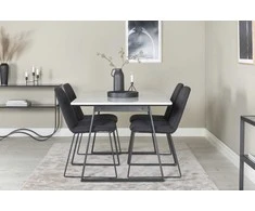 Venture Design Valgomojo stalo ir kėdžių komplektas Estelle valgomojo stalas 140x90 cm baltas juodos spalvos audinys