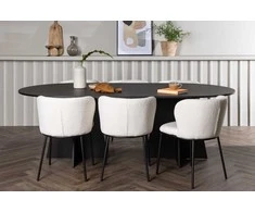Venture Design Valgomojo stalo ir kėdžių komplektas Bootcut ovalus valgomojo stalas ir Edina valgomojo kėdė 115x230 cm juoda balta mediena audinys