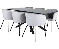 Venture Design Valgomojo stalo ir kėdžių komplektas Piazza ir Berit juodos ir šviesiai pilkos aksomo