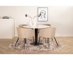 Venture Design Valgomojo stalo ir kėdžių komplektas Estelle apvalus valgomojo stalas ir Berit kėdė 106x75 cm balta juoda smėlio spalvos audinys