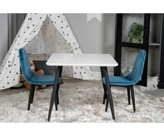 Venture Design Valgomojo stalo ir kėdžių komplektas 80x60 cm baltas mėlynas aksomas