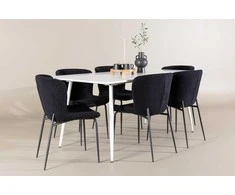 Venture Design Valgomojo stalo ir kėdžių komplektas Silar valgomojo stalas su Modesto valgomojo kėde 180x90 cm balta juoda plienas apmuštas