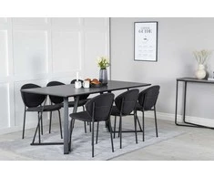 Venture Design Valgomojo stalo ir kėdžių komplektas Marina valgomojo stalas juodas stalviršis juodos kojos Vault valgomojo kėdė juodos kojos juoda medžiaga juoda