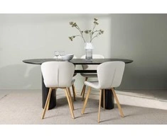 Venture Design Valgomojo stalo ir kėdžių komplektas Isolde valgomojo stalas ir Lilja valgomojo kėdė 180x75 cm juoda smėlio spalvos MDF audinys
