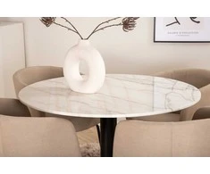 Venture Design Valgomojo stalo ir kėdžių komplektas Estelle apvalus valgomojo stalas ir Berit kėdė 106x75 cm balta juoda smėlio spalvos audinys