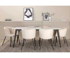 Venture Design Valgomojo stalo ir kėdžių komplektas Jimmy valgomojo stalas ir Berit kėdė 195x90x76 cm juoda balta smėlio spalvos veliūras metalas