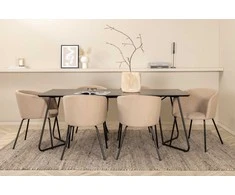 Venture Design Valgomojo stalo ir kėdžių komplektas Petra valgomojo stalas ir Berit kėdė 190x90x75 cm juodas smėlio spalvos geležis audinys