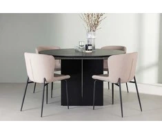 Venture Design Valgomojo stalo ir kėdžių komplektas Matilda valgomojo stalas 130 cm juodas Modesto valgomojo kėdė smėlio spalvos išskleidžiamas