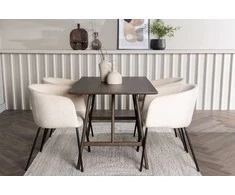 Venture Design Valgomojo stalo ir kėdžių komplektas Kaseidon valgomojo stalas ir Berit kėdė 120x80 cm ruda juoda smėlio spalvos mediena aksomas