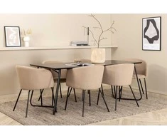 Venture Design Valgomojo stalo ir kėdžių komplektas Petra valgomojo stalas ir Berit kėdė 190x90x75 cm juodas smėlio spalvos geležis audinys