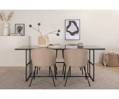Venture Design Valgomojo stalo ir kėdžių komplektas 200x90x74 cm Juodas stiklas Audinys