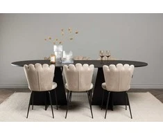 Venture Design Valgomojo stalo ir kėdžių komplektas Bootcut ovalus valgomojo stalas ir Limhamn šviesi kėdė 230x115 cm juoda smėlio spalvos MDF aksomas