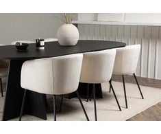 Venture Design Valgomojo stalo ir kėdžių komplektas Bootcut ovalus valgomojo stalas ir Berit kėdė 230x115 cm juoda smėlio spalvos veliūras