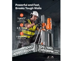Vevor Deimantinio grąžto gręžimo mašina, sausas/šlapias, 20-450 mm skersmuo, iki 4500W, su pakreipiamu stovu