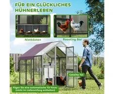 PawHut vištidė su voljeru 1,7x1,8x1,8 m, lauko aptvaras su užraktu, eglės mediena, vištidė su vandeniui atspariu, nuo UV spindulių apsaugančiu stogu, lauko paukštidė vištoms, 6-8 vištoms, antims, triušiams, pilka