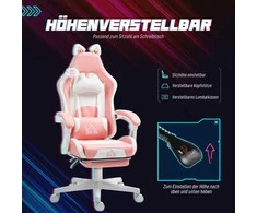 "HOMCOM" žaidimų kėdė Ergonomiška žaidėjų kėdė su juosmens atrama, kojų atrama, žaidimų kėdė su katės ausimis, galvos pagalvėle, reguliuojamo aukščio biuro kėdė su reguliuojama atsilenkimo funkcija Rausva