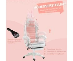 Vinsetto žaidimų kėdė, ergonomiška žaidėjo kėdė su juosmens atrama, kojų atrama, žaidimų fotelis su zuikio ausimis, galvos pagalve, reguliuojamo aukščio biuro kėdė su reguliuojama atlošimo funkcija, rožinė