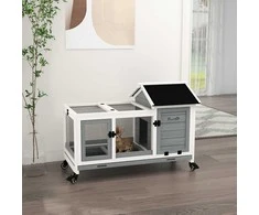 PawHut Medinis Namelis Nykštukiniams Triušiams, 108 x 58 x 73,5 cm Smulkių Gyvūnų Narvas su Lauko Aptvaru, Ratais, Atidaromu Stogu, Nykštukinių Triušių Narvas su Ištraukiamu Padėklu Vidaus ir Lauko Naudojimui, Pilka
