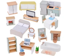 Jokomisiada 28-Piece Wooden Dollhouse Furniture Set – Kitchen, Living Room, Bedroom and Bathroom ZA660