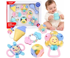 Jokomisiada 2in1 rattle and teether - large set of 8 pcs. PASTEL for toddlers ZA6627