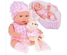 Jokomisiada Baby Doll Newborn dėvi rožinės spalvos kepurės suknelę + triušis ZA 5007 RO