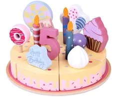 Jokomisiada Candy Wooden Birthday Cake Toy with Candles and Decorations – Cutting Play Set ZA5936