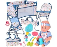 Jokomisiada Deluxe Baby Doll Set Stroller Cradle High Chair Accessories 16 pcs ZA5917