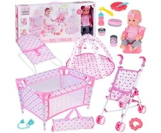 Jokomisiada Deluxe Baby Doll Set with Stroller, Crib, Play Mat and Accessories – 17 pcs ZA5916