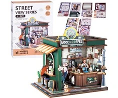 Jokomisiada Wooden 3D Dėlionė Building series Cafe 120 elements lighting ZA6012