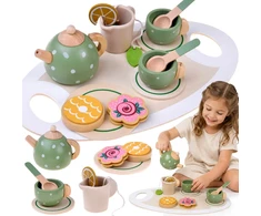 Jokomisiada Wooden tea set PISTACHIO for children, 15 accessories ZA6611