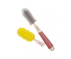 Akuku buteliukų, puodelių ir žindukų silikoninis šepetys su kempine, beige/pink, A0512