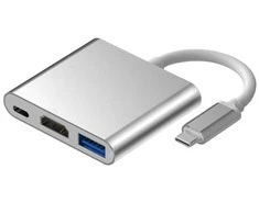 Aluminiuotas adapteris HUB 3w1 USB-C į HDMI 4K, USB 3.1, USB-C - sidabrinis