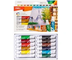 Akriliniai dažai DELI, 12 spalvų, 12ml tūbelėse