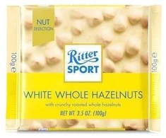 Baltas šokoladas Ritter Sport, su neskaldytais lazdynų riešutais, 100g