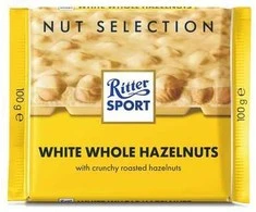 Baltas šokoladas Ritter Sport, su neskaldytais lazdynų riešutais, 100g