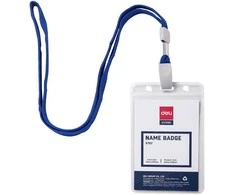 Dėklas vardinei kortelei su juostele DELI 70x105mm, vertikalus, mėlynos spalvos juostelė