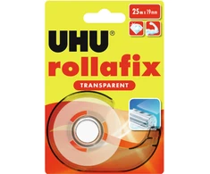 Lipni juosta UHU Rollafix, 19mmx25m, skaidri, su laikikliu