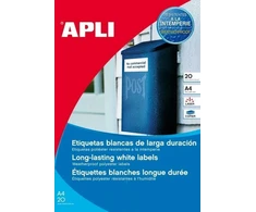 Lipnios etiketės atsparios oro sąlygoms Apli, A4, 45,7×21,2mm, 20 lapų, baltos spalvos