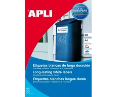 Lipnios etiketės atsparios oro sąlygoms Apli, A4, 45,7x21,2mm, 20 lapų, baltos spalvos